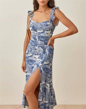 Load image into Gallery viewer, Women Ruffled Shoulder Strap Slim Fit Slimming Split Strap Dress