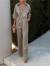 Load image into Gallery viewer, Spring Women Clothing Heavy Embroidery Sequ Shirt Straight Leg Pants