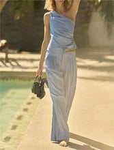 Load image into Gallery viewer, Summer Women Slim Fit Pleated Oblique Shoulder Tops Casual Trousers Suit