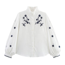 Load image into Gallery viewer, Spring Autumn Embroidery Branch Floral Loose Collared Women Shirt Long Sleeve