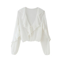 Load image into Gallery viewer, Ruffled Collared Tied Bell Sleeve Doll Shirt for Women