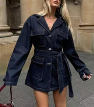 Load image into Gallery viewer, Women Clothing Autumn Polo Collar Belt Tooling Denim Coat