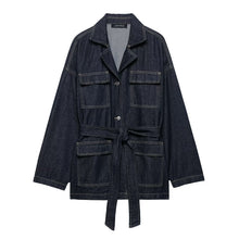 Load image into Gallery viewer, Women Clothing Autumn Polo Collar Belt Tooling Denim Coat