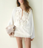 Women Clothing Women round Neck Tied Hollowed Casual Shirt Mid Length Skirt Set