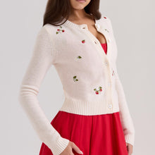 Load image into Gallery viewer, Fall Sweet Artistic Cherry Embroidered Knitted Cardigan Simple round Neck Sweater Coat