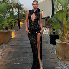 Load image into Gallery viewer, Lace Hollow Out Cutout High Slit Slim Dress