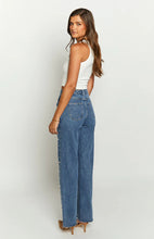 Load image into Gallery viewer, Women Clothing Oblique Waist Cross Vintage Beaded Baggy Straight Burr Denim Trousers