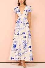 Load image into Gallery viewer, Low Cut V Neck Printed Puff Sleeve Large Swing Cotton Linen Dress