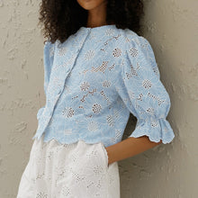 Load image into Gallery viewer, Women Embroidery Short Shirt Flared Sleeves Cropped Exposed Shirt Top