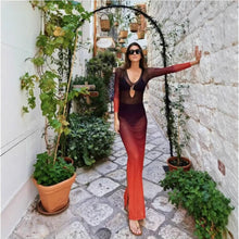 Load image into Gallery viewer, Spring Summer Color Contrast Gradient Transparent Hollow Cutout Split Beach Dress