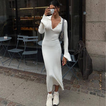 Load image into Gallery viewer, Long Sleeve Dress Women Knitted Deep V Plunge Sweater Maxi Dress