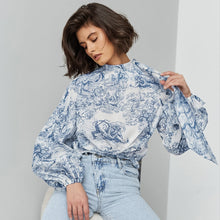 Load image into Gallery viewer, French Loose Lantern Sleeve Tie Neck Printed Women Lace up Shirt