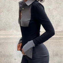 Load image into Gallery viewer, Women Clothing Autumn Polo Collar Stripes Contrast Color Slim Fit All Matching Long Sleeve Top Women