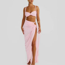 Load image into Gallery viewer, Summer Sexy Beach Vacation Swimsuit Woven Halter Top Top Split Skirt Set
