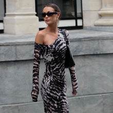 Load image into Gallery viewer, Women Clothing Autumn Retro Sexy off Shoulder Zebra Stripe Slim Fit Long Sleeve Dress Women