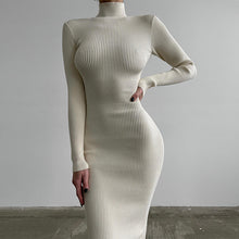 Load image into Gallery viewer, High Collar Mid Length Sunken Stripe Knitted Dress