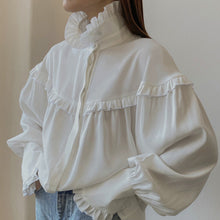 Load image into Gallery viewer, French Collared Lantern Sleeve Lace Design Loose White Shirt