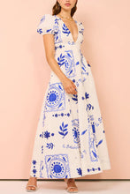 Load image into Gallery viewer, Low Cut V Neck Printed Puff Sleeve Large Swing Cotton Linen Dress