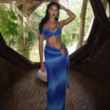 Load image into Gallery viewer, Summer Sexy Beach Vacation Swimsuit Woven Halter Top Top Split Skirt Set