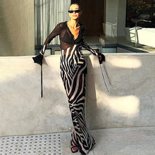 Load image into Gallery viewer, Summer Women Clothing Color Contrast Printed Sexy V neck Mesh Long Sleeve Dress