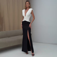 Load image into Gallery viewer, Pleated V neck Sleeveless Contrasting Color with Slits Maxi Dress