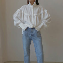 Load image into Gallery viewer, French Collared Lantern Sleeve Lace Design Loose White Shirt