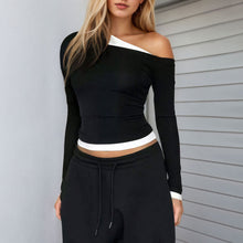 Load image into Gallery viewer, Contrast Color Oblique Shoulder Waist Controlled Slimming Long Sleeve Top