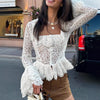Women White Lace Long Sleeved Square Collar Top French