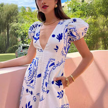Load image into Gallery viewer, Low Cut V Neck Printed Puff Sleeve Large Swing Cotton Linen Dress