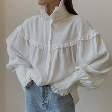 Load image into Gallery viewer, French Collared Lantern Sleeve Lace Design Loose White Shirt