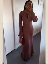 Load image into Gallery viewer, Women Clothing at Pleated Wavy Side Backless Lace up Long Sleeve Dress