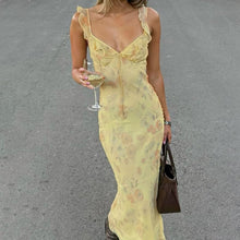 Load image into Gallery viewer, French Holiday Floral Strap Dress Ruffled Maxi Dress