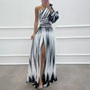 Spring Autumn Printed Diagonal Shoulder Split Dress Casual Loose Party Dress Dress