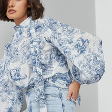Load image into Gallery viewer, French Loose Lantern Sleeve Tie Neck Printed Women Lace up Shirt