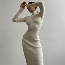 Load image into Gallery viewer, High Collar Mid Length Sunken Stripe Knitted Dress