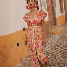 Load image into Gallery viewer, V neck Flounce Slit Positioning Floral Backless Dress