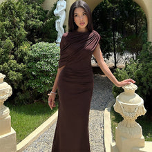 Load image into Gallery viewer, Women Clothing Summer Oblique Shoulder Design Skinny Sheath Pleated Irregular Asymmetric Dress