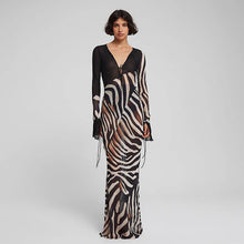 Load image into Gallery viewer, Summer Women Clothing Color Contrast Printed Sexy V neck Mesh Long Sleeve Dress