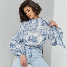 Load image into Gallery viewer, French Loose Lantern Sleeve Tie Neck Printed Women Lace up Shirt