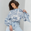 French Loose Lantern Sleeve Tie Neck Printed Women Lace up Shirt
