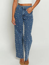 Load image into Gallery viewer, Women Clothing Oblique Waist Cross Vintage Beaded Baggy Straight Burr Denim Trousers