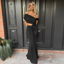 Load image into Gallery viewer, Summer Solid Color Elegant Socialite Pleated Sexy Oblique Shoulder Dress Women