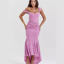 Load image into Gallery viewer, Autumn Square Collar Elastic Net Jacquard Pleated Sleeveless Fishtail Cami Dress