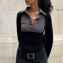 Load image into Gallery viewer, Women Clothing Autumn Polo Collar Stripes Contrast Color Slim Fit All Matching Long Sleeve Top Women