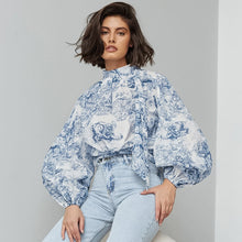 Load image into Gallery viewer, French Loose Lantern Sleeve Tie Neck Printed Women Lace up Shirt