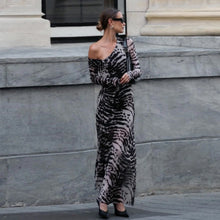 Load image into Gallery viewer, Women Clothing Autumn Retro Sexy off Shoulder Zebra Stripe Slim Fit Long Sleeve Dress Women