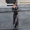 Women Clothing Autumn Retro Sexy off Shoulder Zebra Stripe Slim Fit Long Sleeve Dress Women