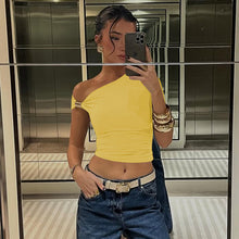 Load image into Gallery viewer, Single Sleeve off the Shoulder Asymmetric Pleated Crop Top
