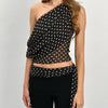 Women Clothing Summer Sexy Diagonal Collar Polka Dot Chiffon See through Irregular Asymmetric Top Women