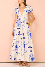 Load image into Gallery viewer, Low Cut V Neck Printed Puff Sleeve Large Swing Cotton Linen Dress